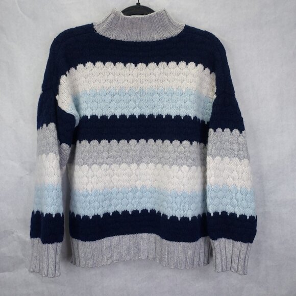 Alashan Sweater Womens XL Merino Wool Pullover Crochet Knit Blue White Mock Neck - Picture 7 of 14